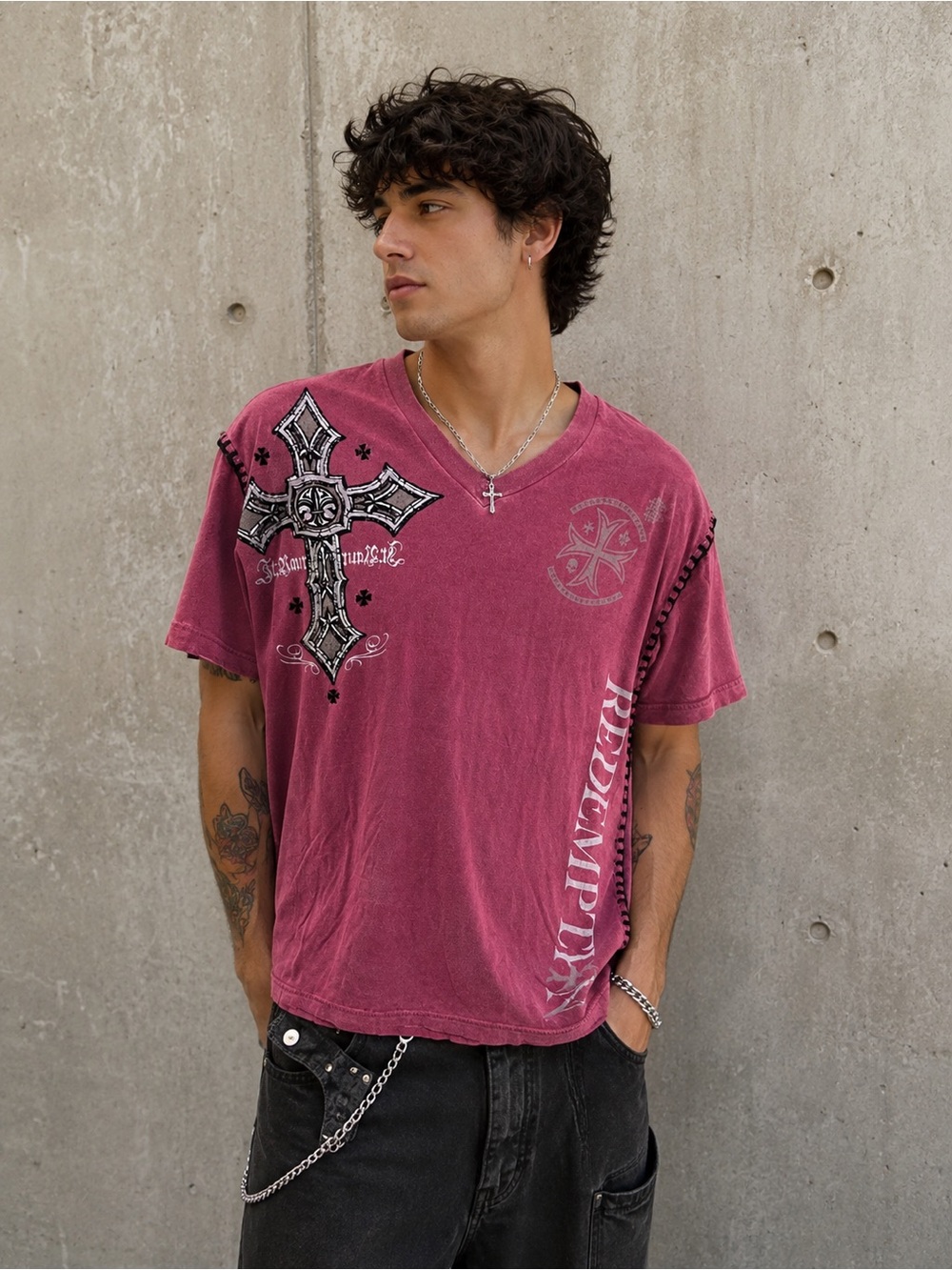 Raw State Vintage Y2K Redemption Cross Thick Stitch Graphic 3D T-Shirt
